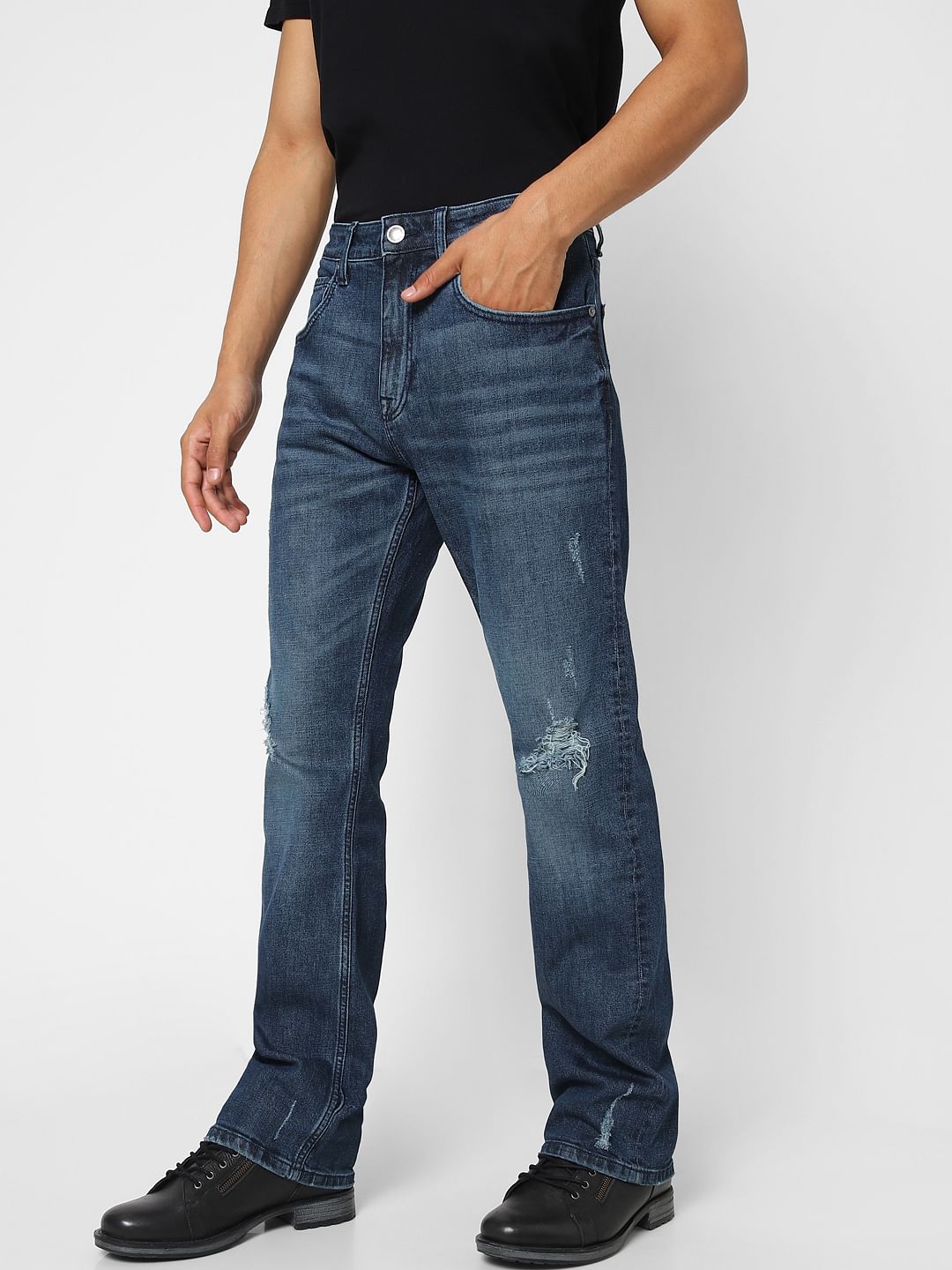 Dark Blue High Rise Distressed Bootcut Jeans