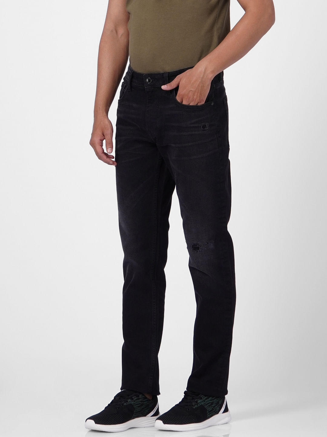 Black Low Rise Distressed Tim Anti Fit Jeans
