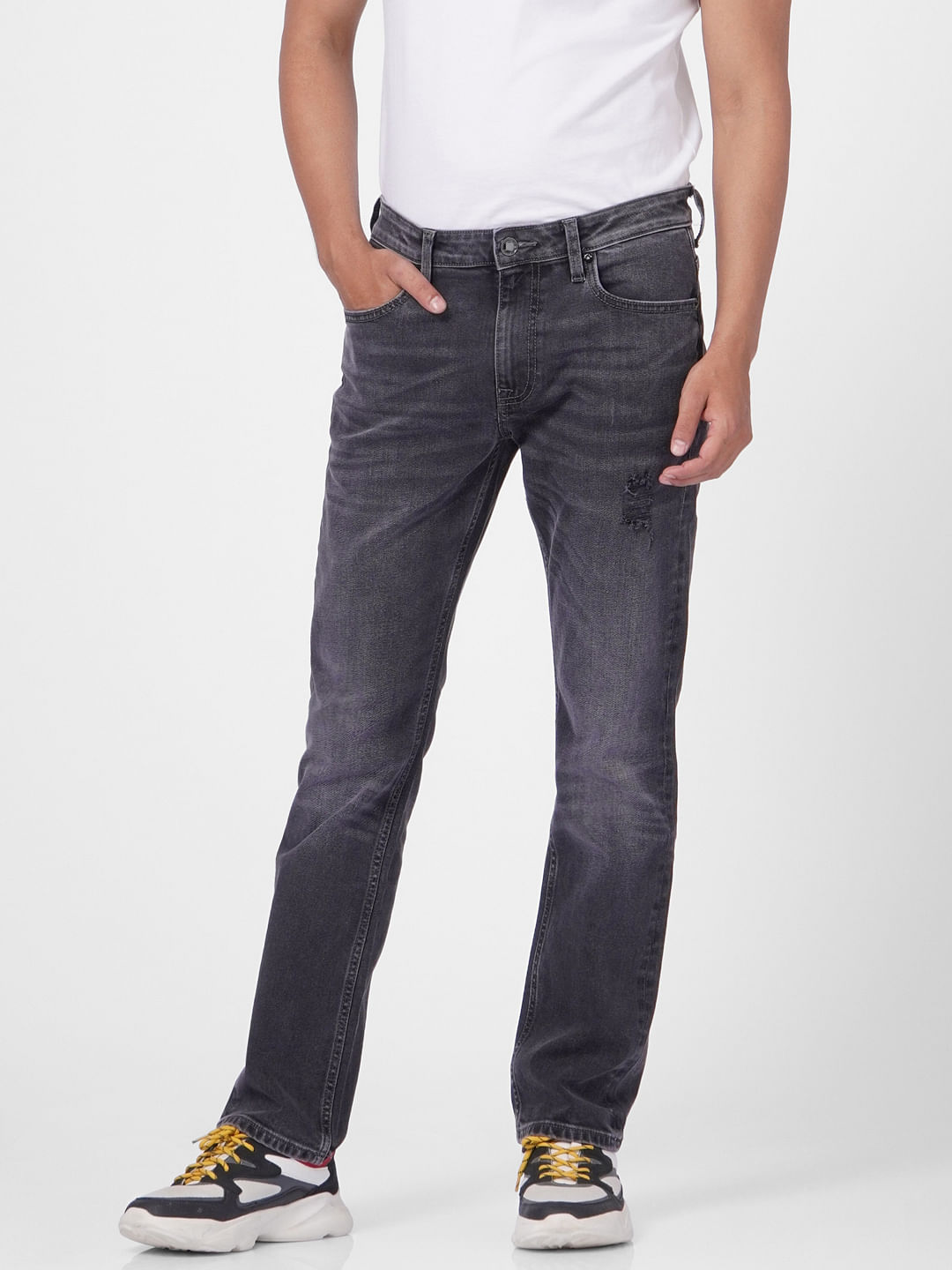 Black Mid Rise Distressed Clark Regular Fit Jeans