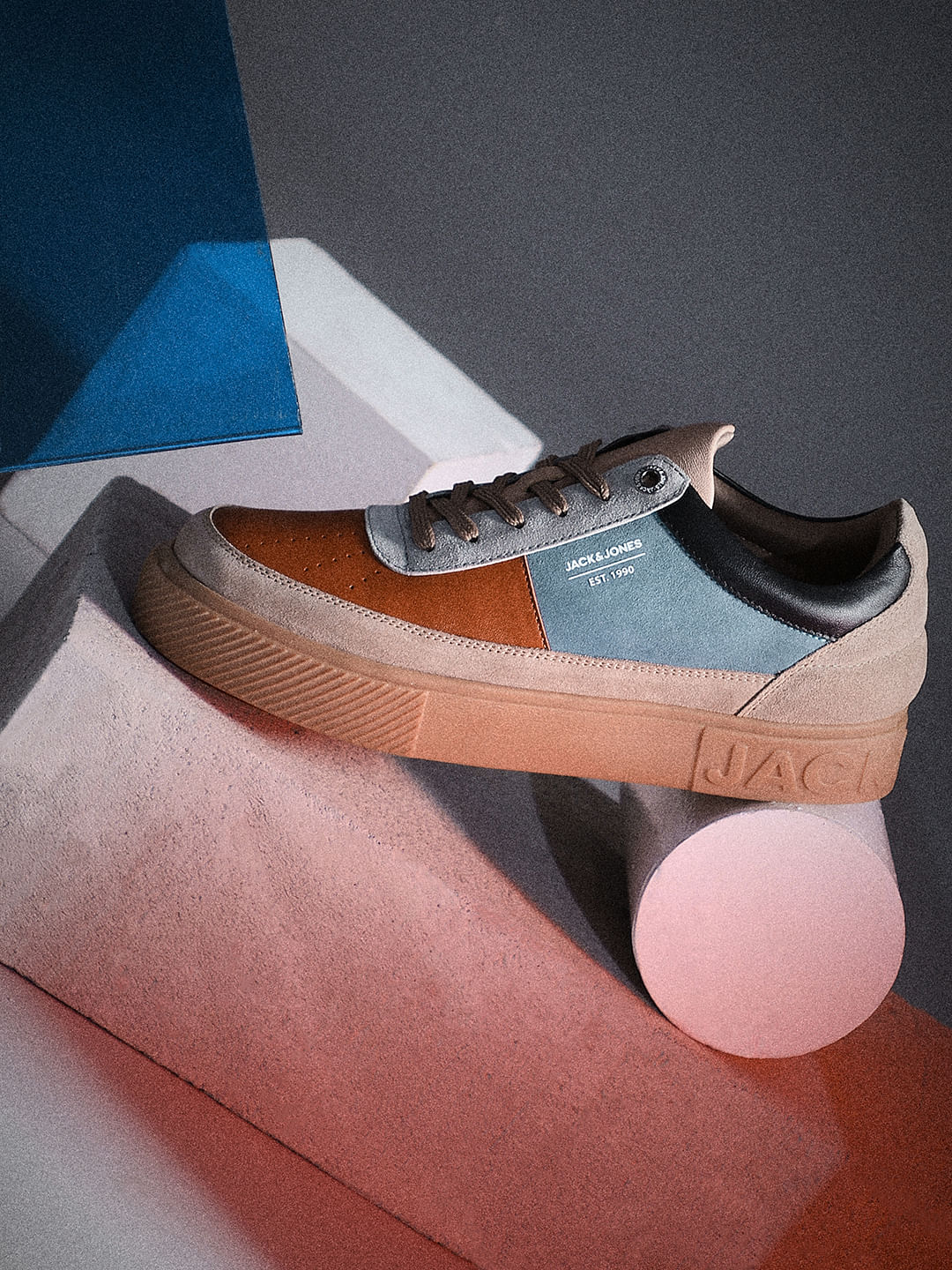 Beige Colourblocked Leather Sneakers