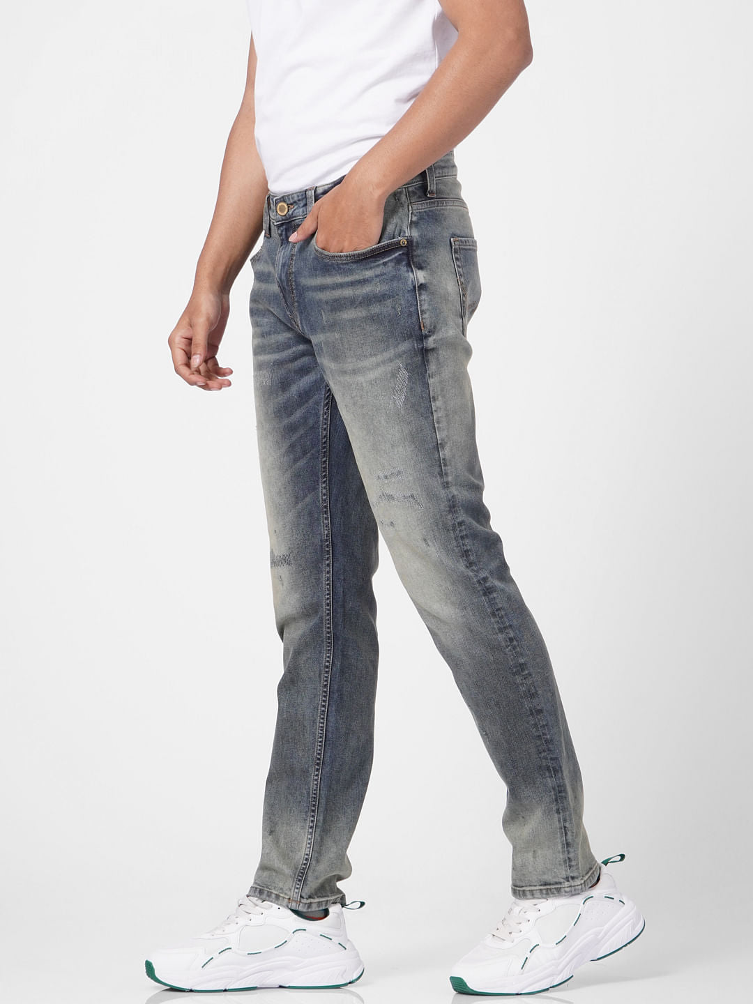 Blue Low Rise Washed Tim Anti Fit Jeans