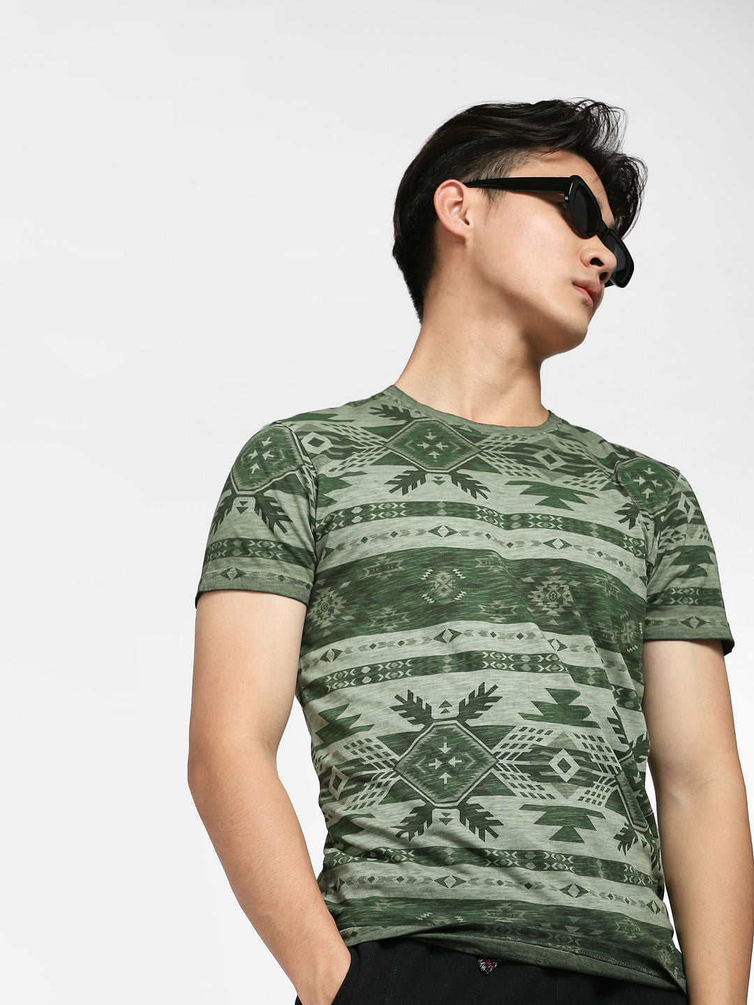 Green Aztec Print Crew Neck T-shirt
