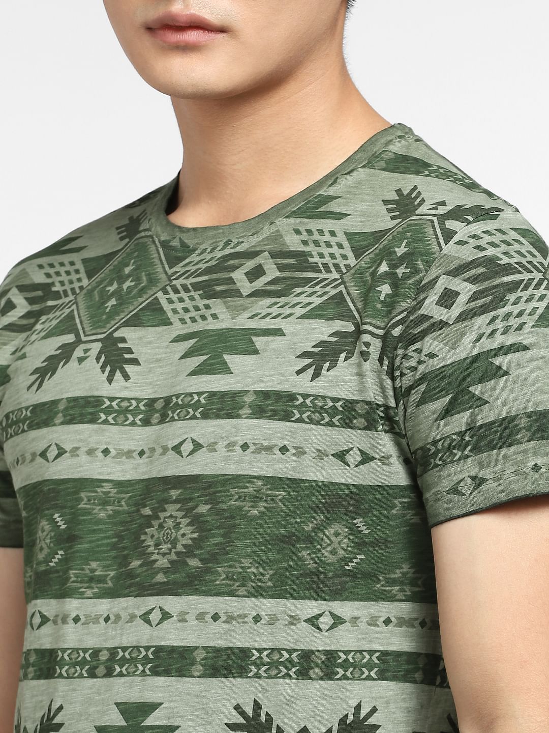 Green Aztec Print Crew Neck T-shirt