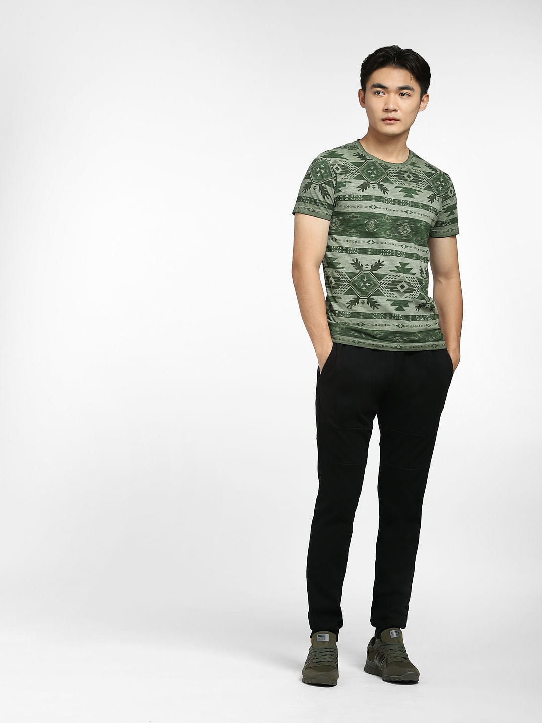 Green Aztec Print Crew Neck T-shirt