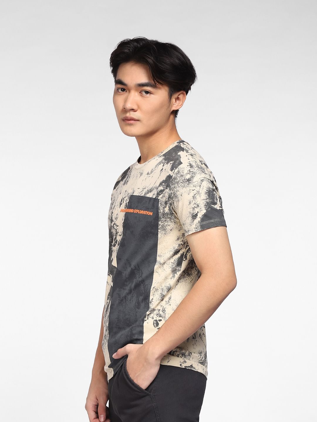 Beige Printed Crew Neck T-shirt