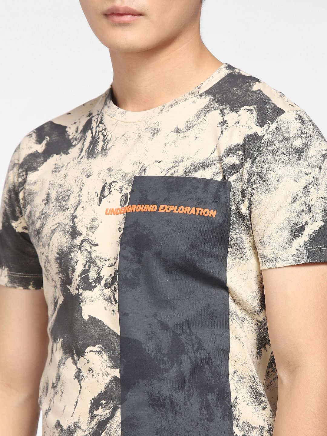 Beige Printed Crew Neck T-shirt