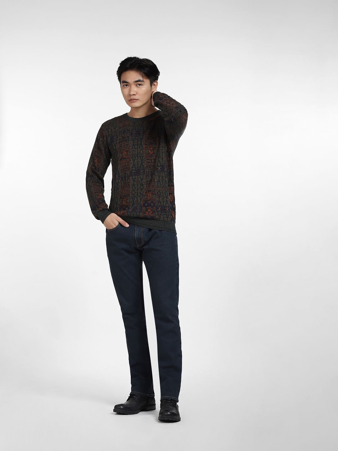 Green Printed Knit Crew Neck T-shirt