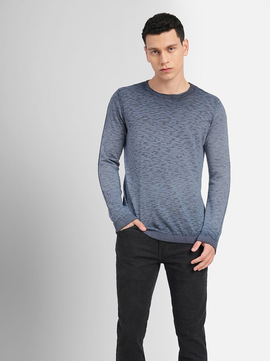 Blue Printed Crew Neck Pullover