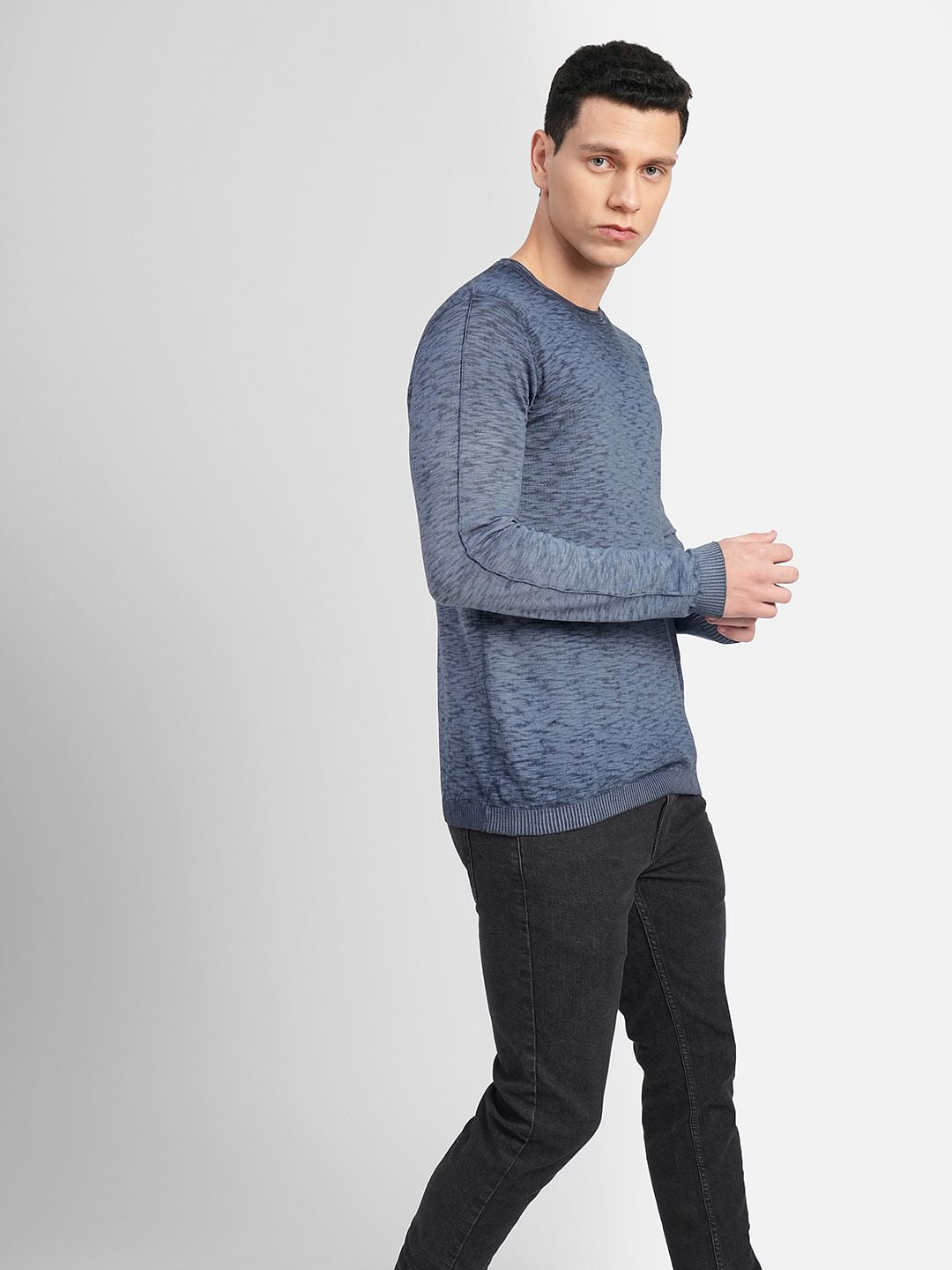 Blue Printed Crew Neck Pullover