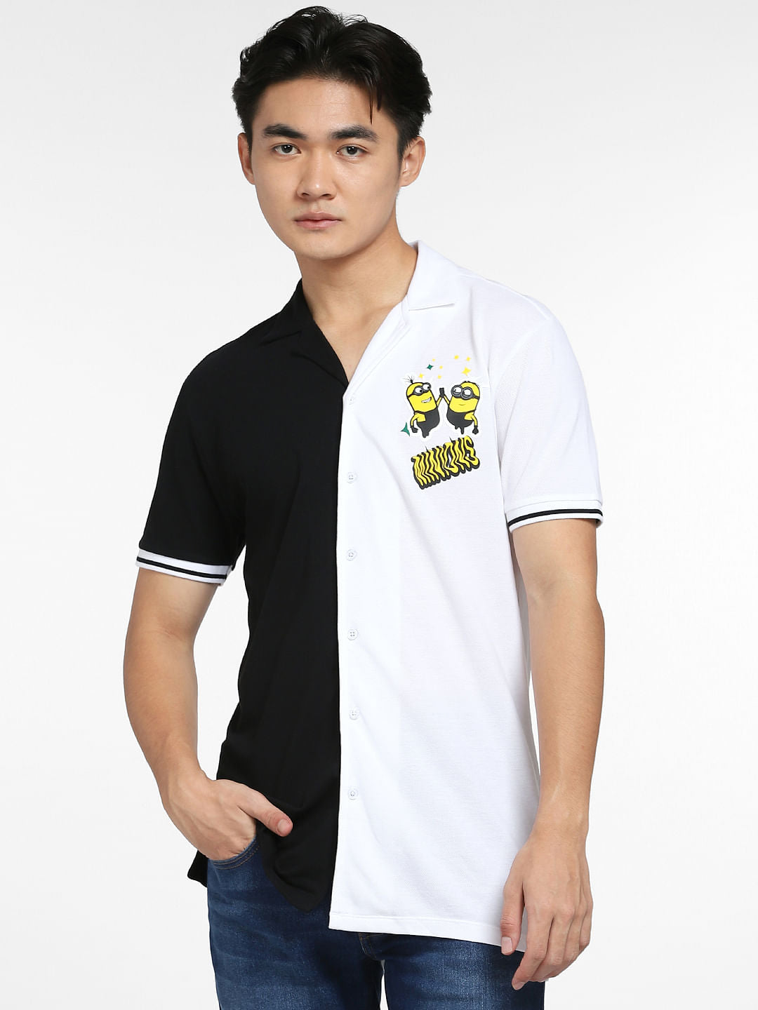 White Colourblocked Minion Print Shirt