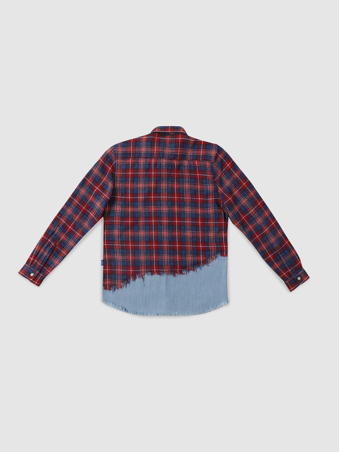Boys Red Check Denim Patch Full Sleeves Shirt