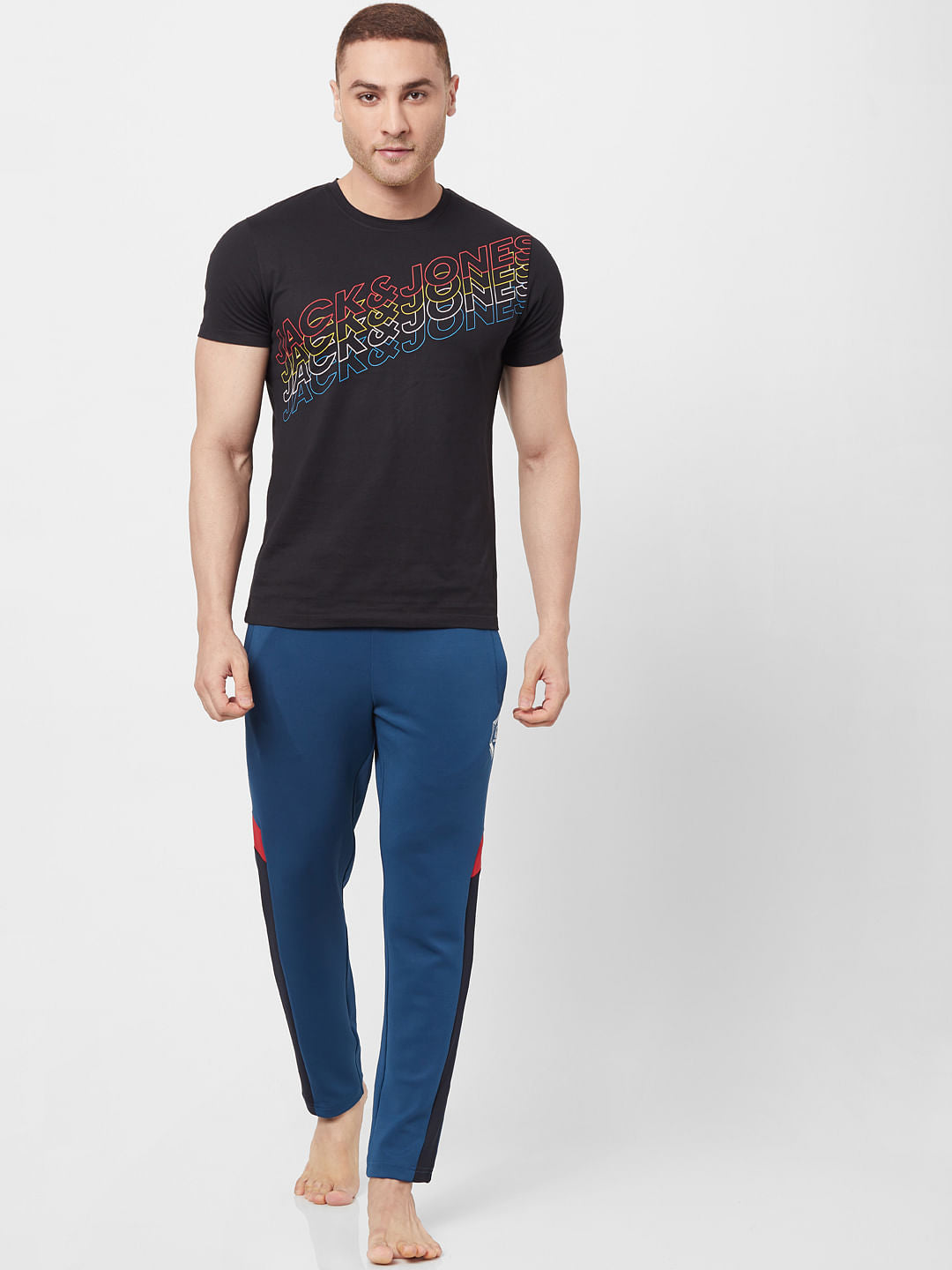 Blue Mid Rise Logo Print Sweatpants