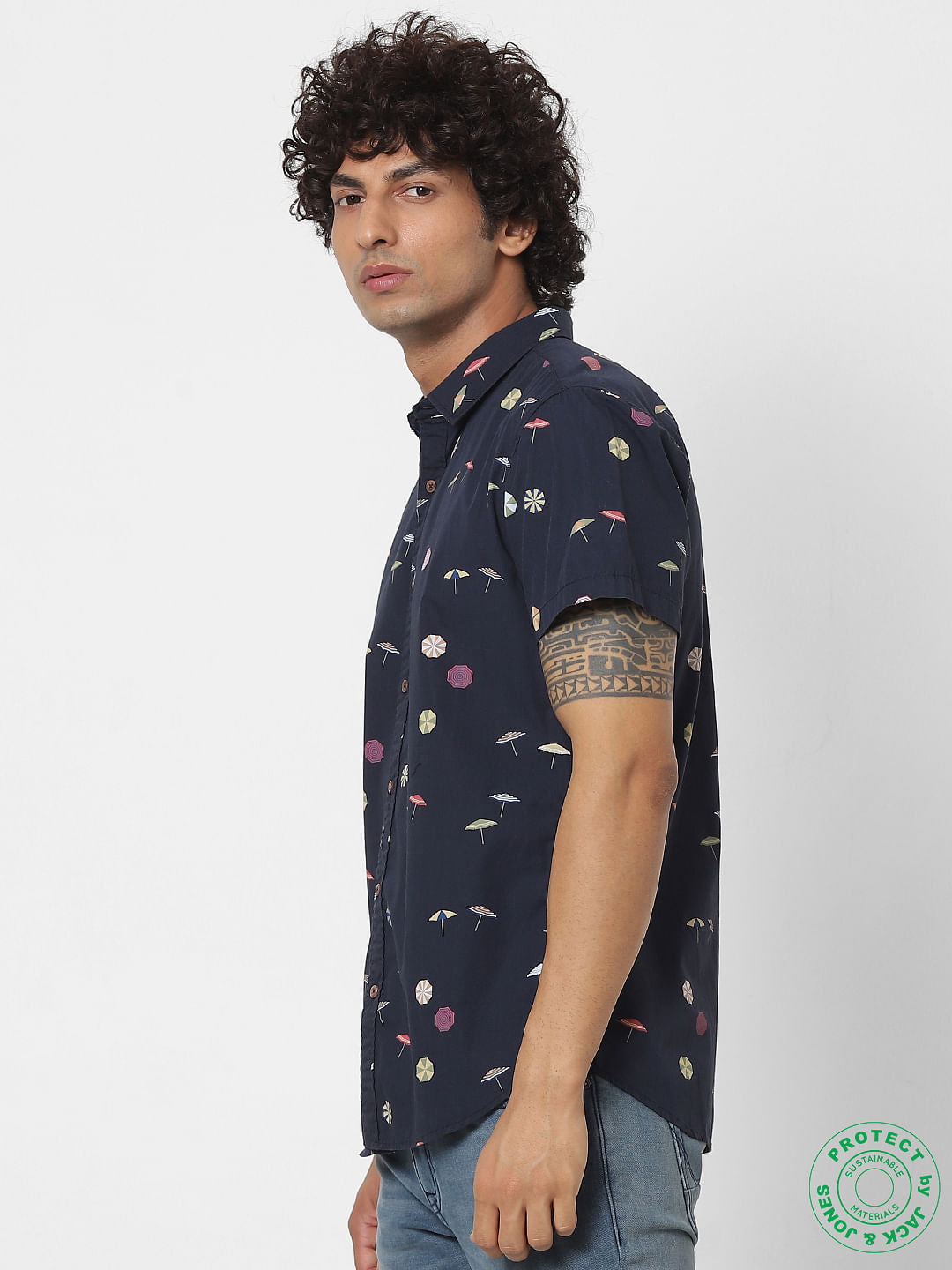 Navy Blue Short Sleeves All Over Print Shirt