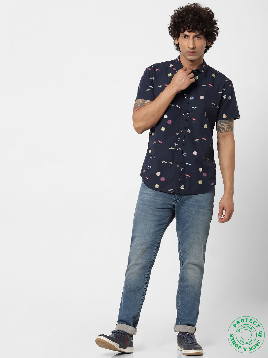 Navy Blue Short Sleeves All Over Print Shirt