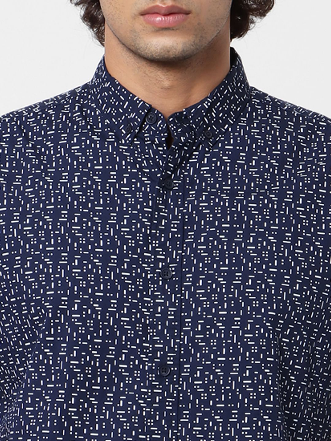 Navy Blue Geometric Print Short Sleeves Shirt