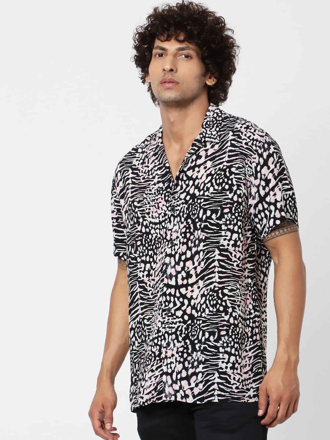 Black Animal Print Short Sleeves Shirt