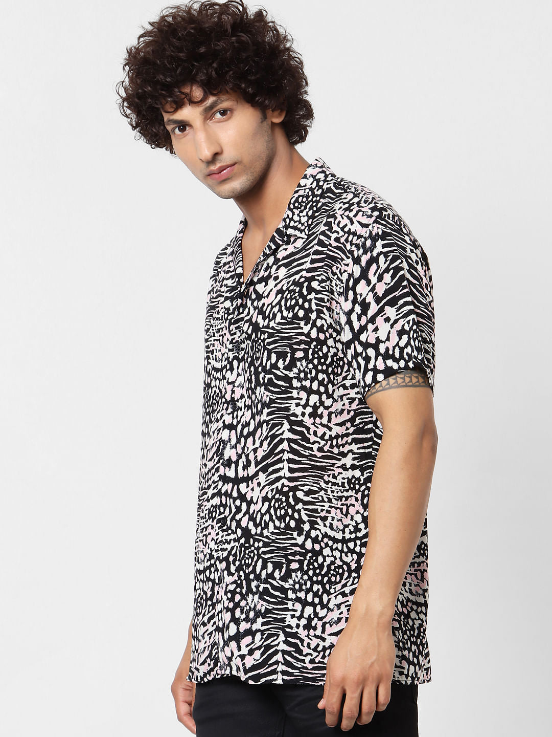 Black Animal Print Short Sleeves Shirt
