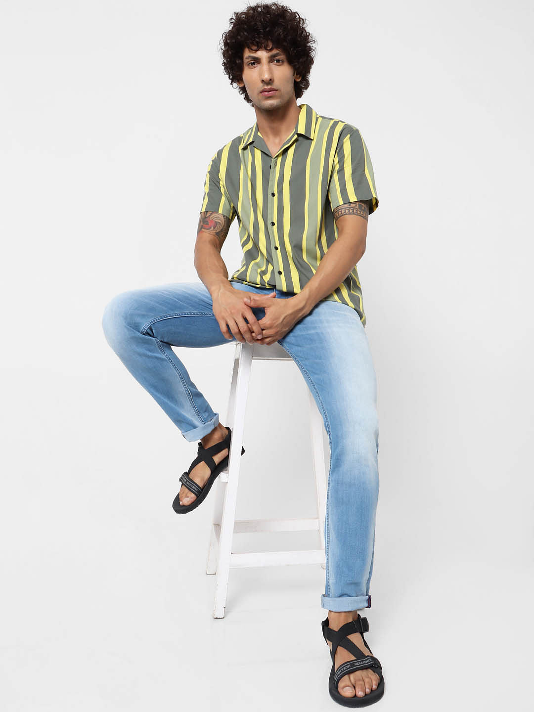 Green Striped Short Sleeves Shirt