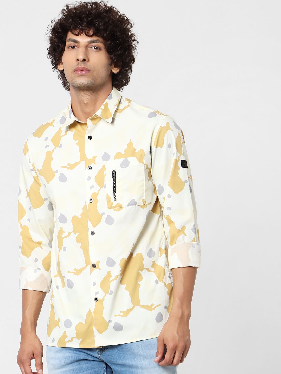 Yellow Abstract Print Full Sleeves Shirt
