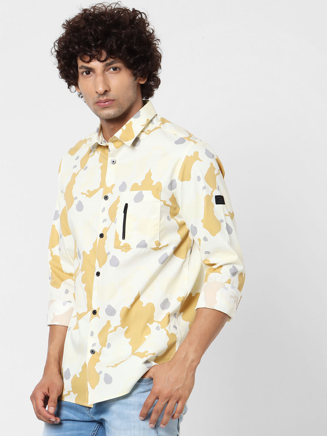 Yellow Abstract Print Full Sleeves Shirt
