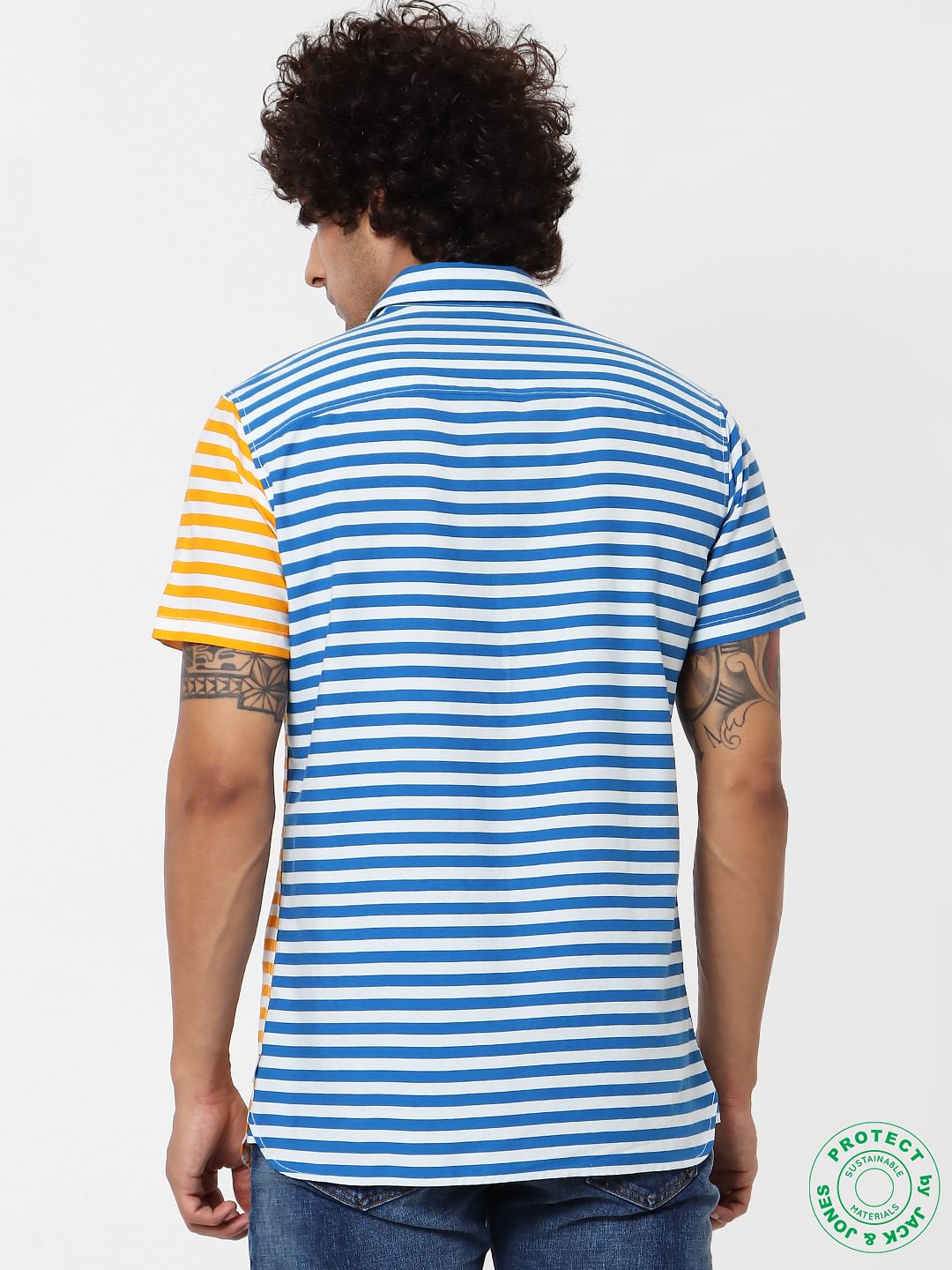 Blue & Orange Striped Short Sleeves Shirt