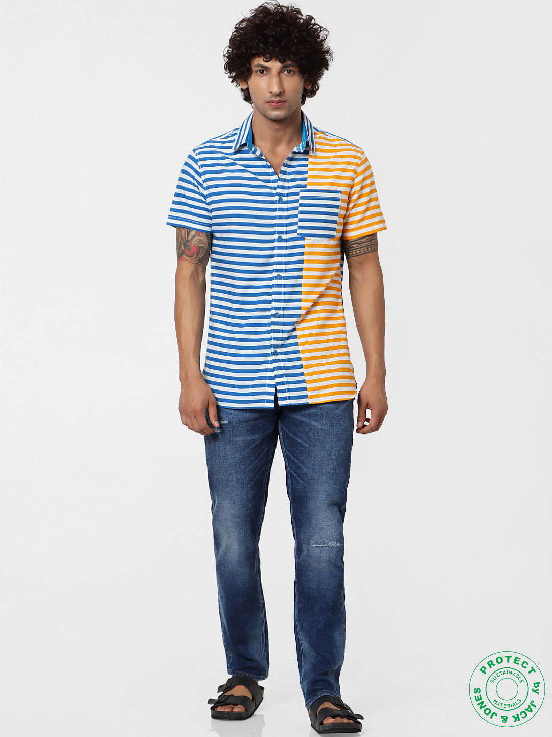 Blue & Orange Striped Short Sleeves Shirt