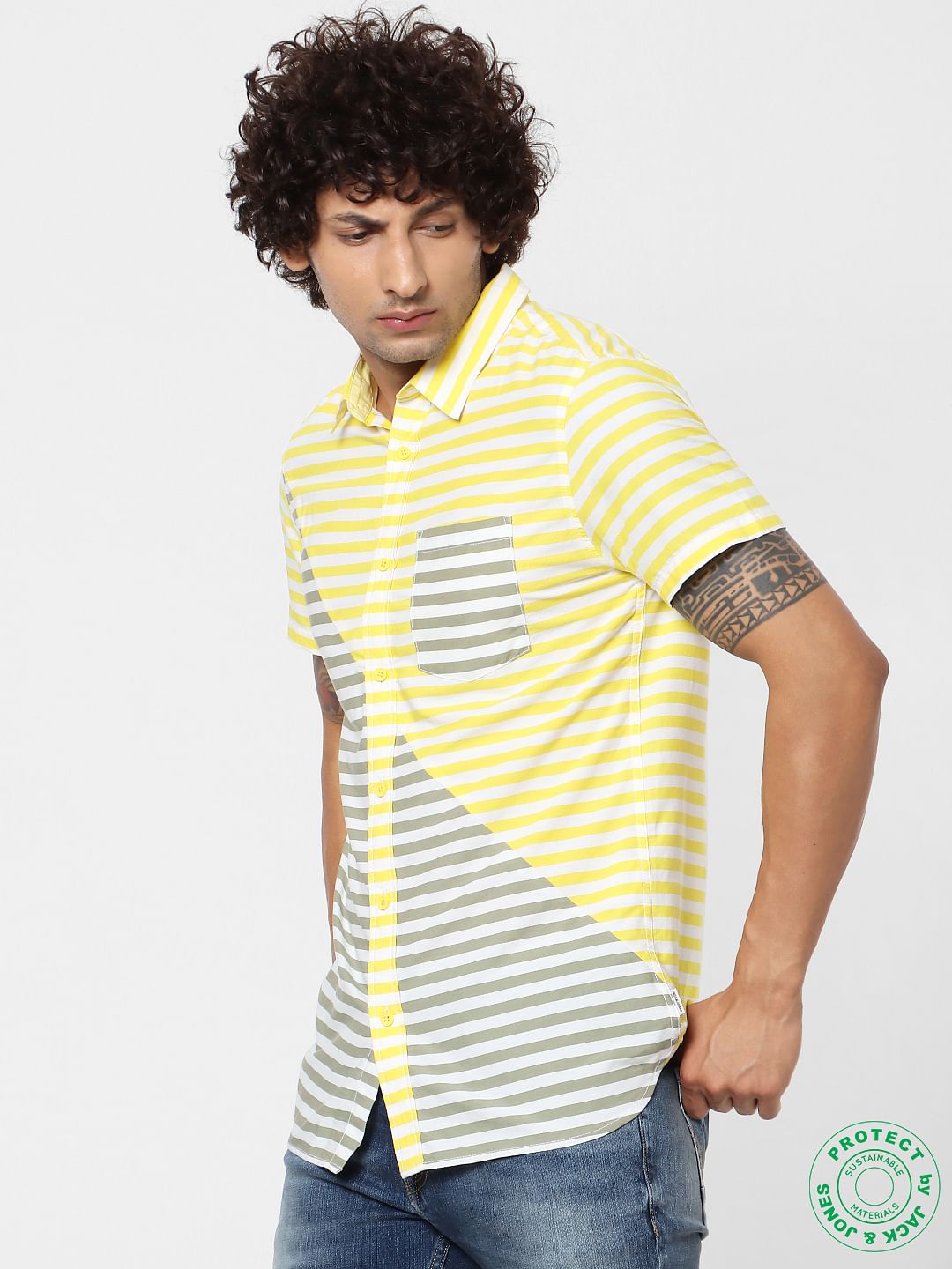 Yellow & Grey Striped Short Sleeves Shirt