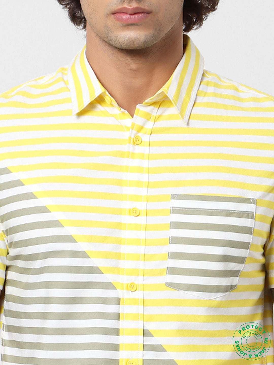 Yellow & Grey Striped Short Sleeves Shirt