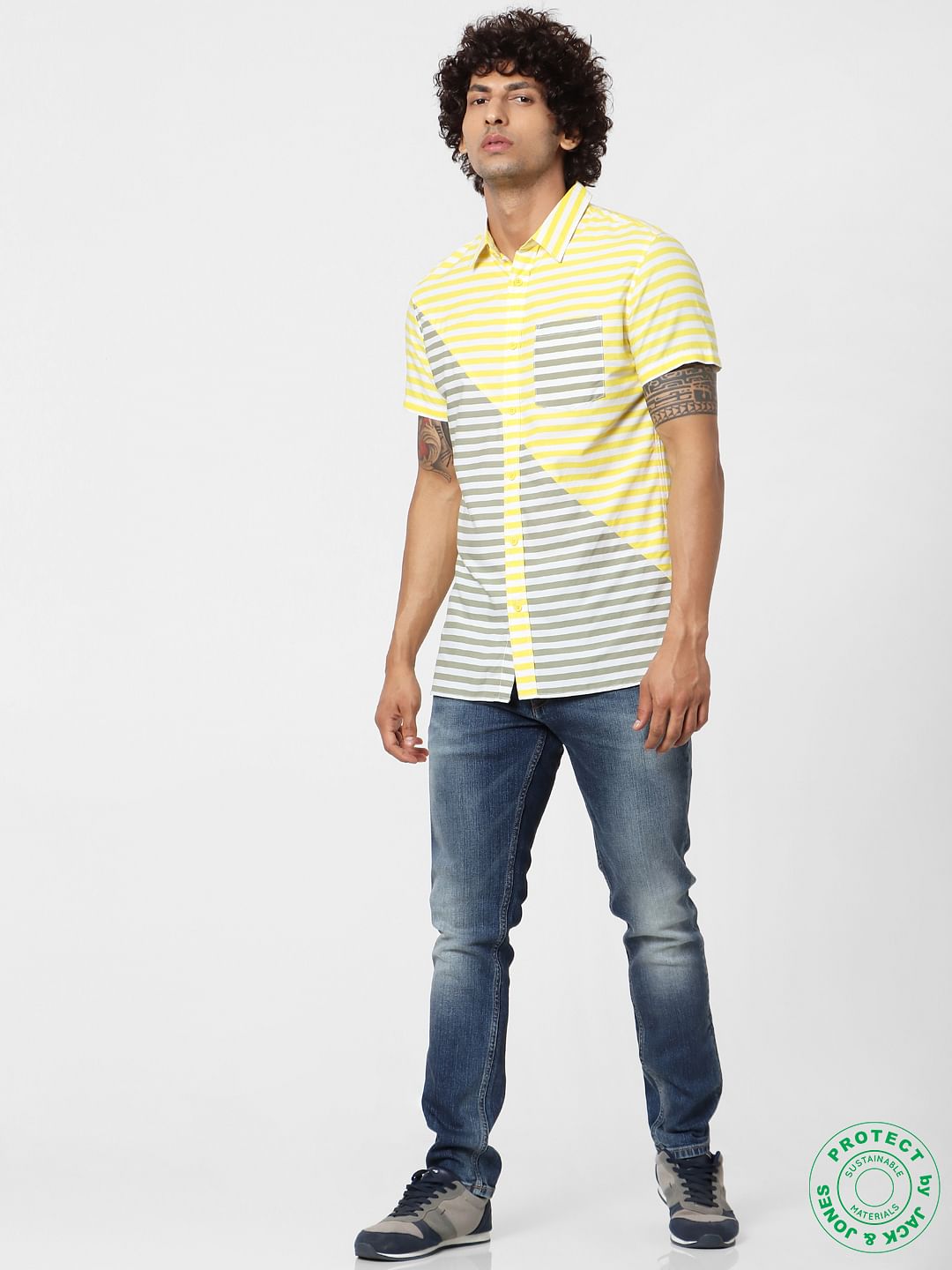 Yellow & Grey Striped Short Sleeves Shirt