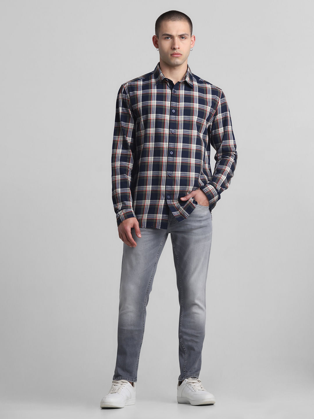 Navy Blue Check Full Sleeves Shirt