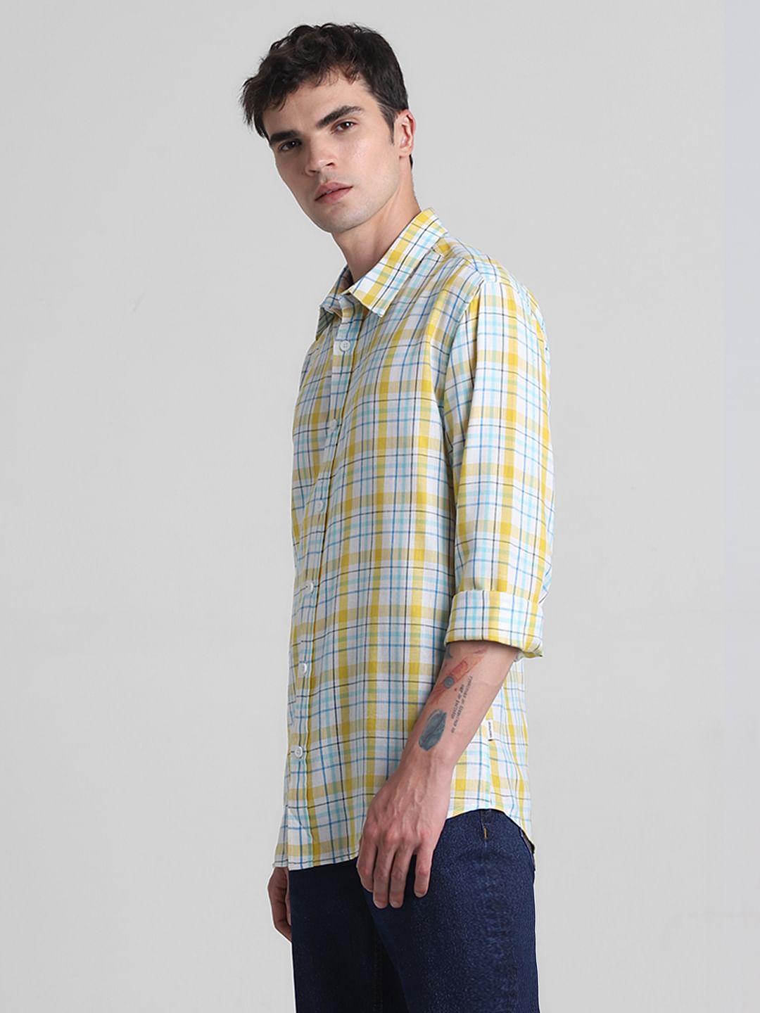 Yellow & Blue Check Full Sleeves Shirt
