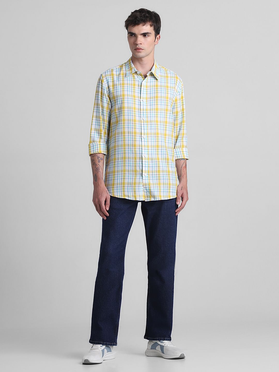 Yellow & Blue Check Full Sleeves Shirt