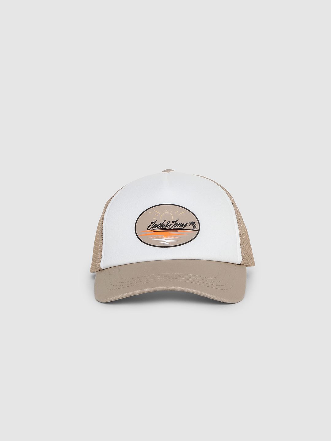 White Logo Print Trucker Cap