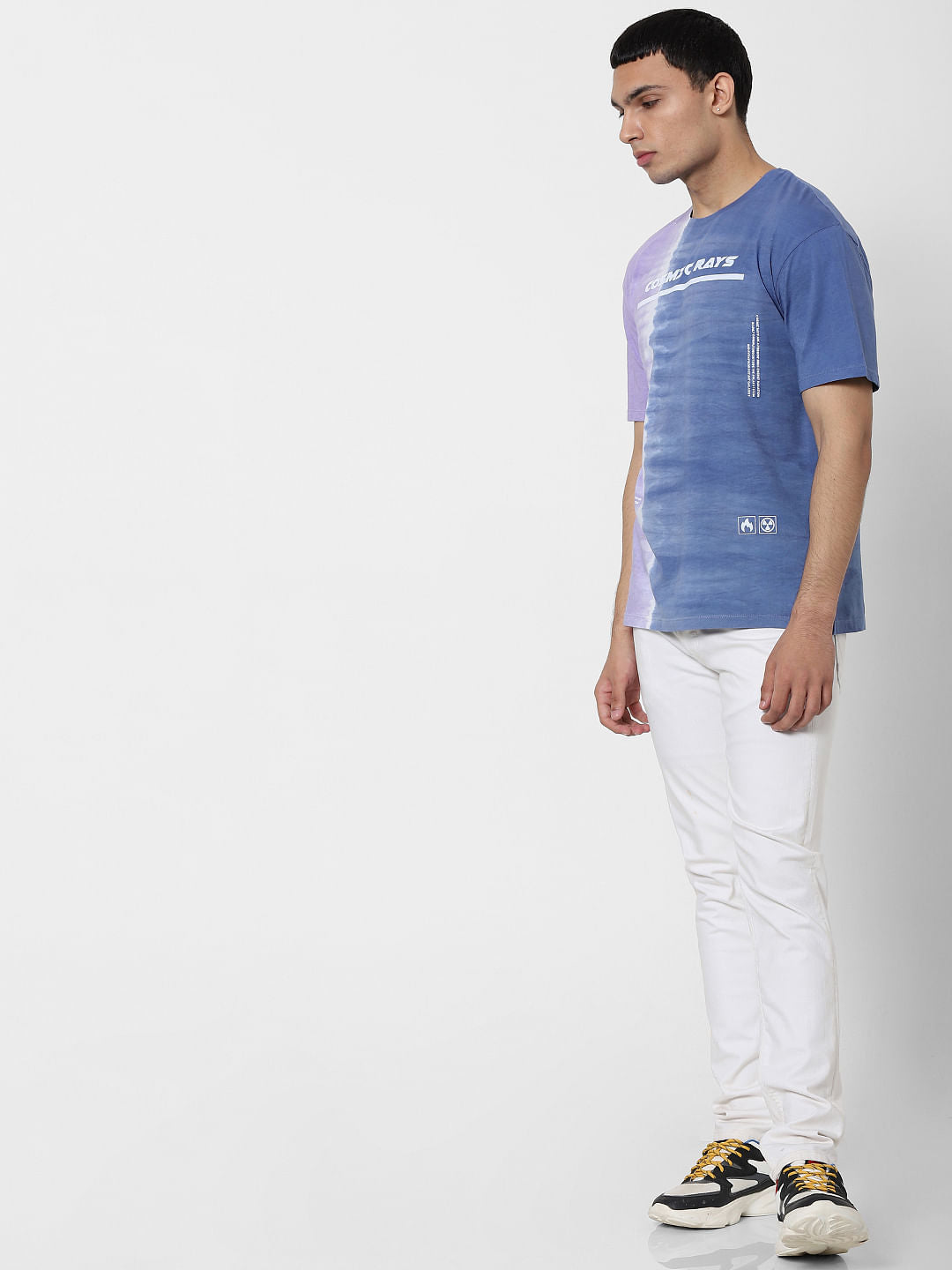 Blue Tie Dye Text Print Crew Neck T-shirt