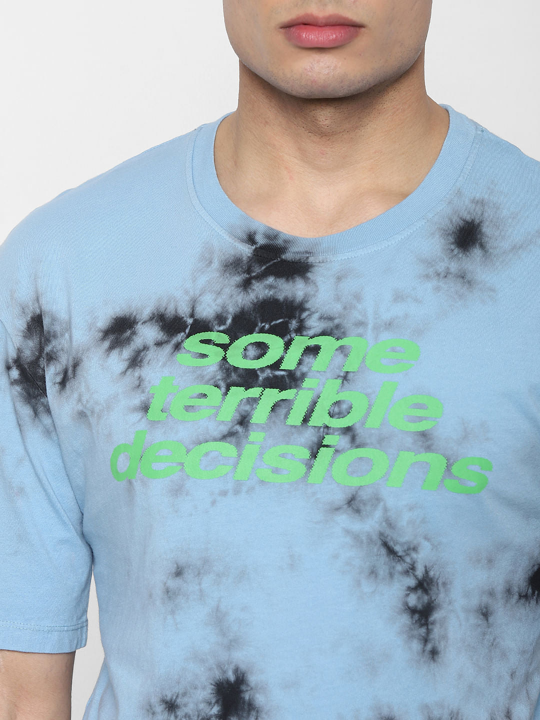 Blue Tie Dye Slongan Print Crew Neck T-shirt