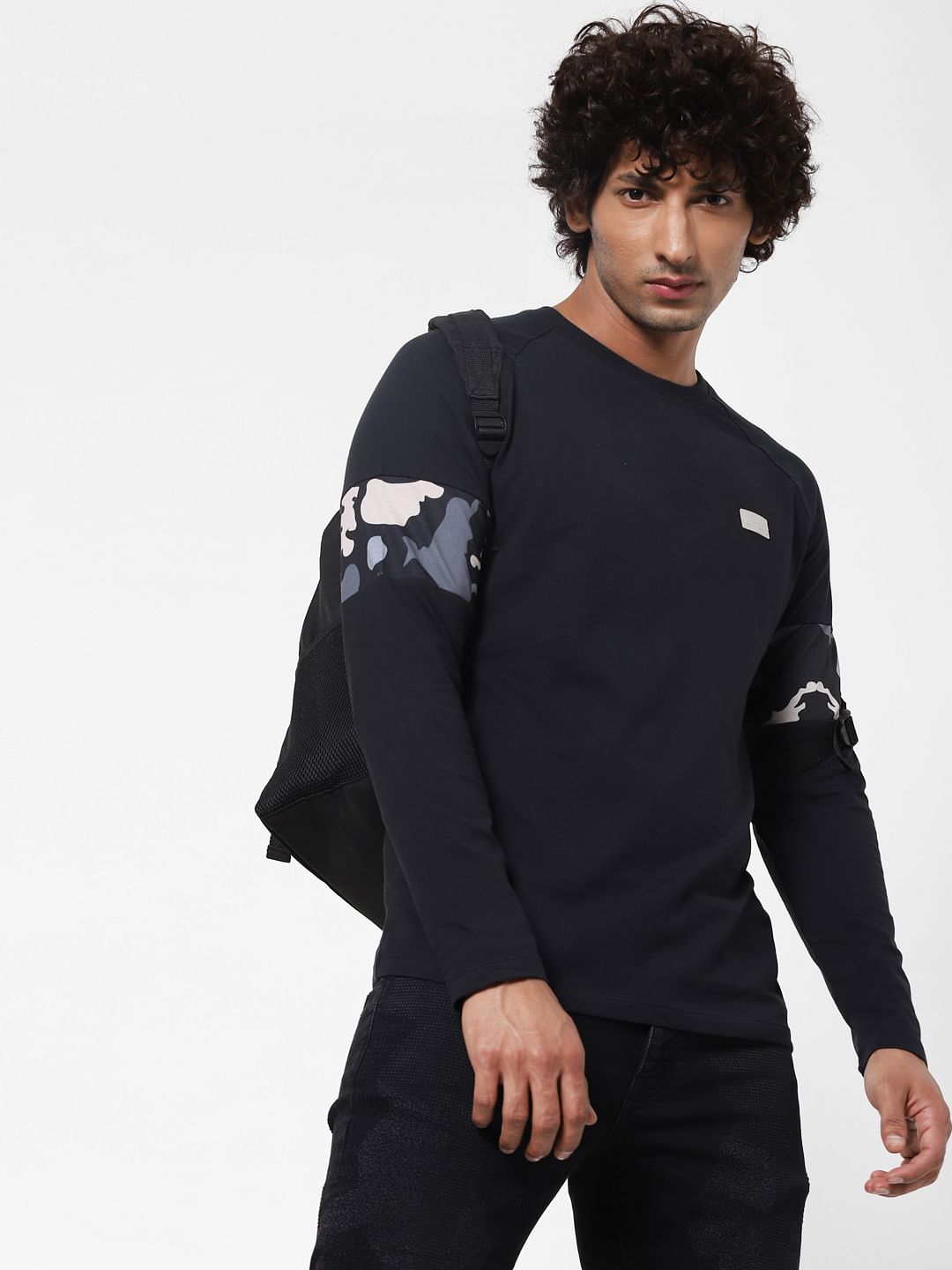 Black Sleeve Print Full Sleeves T-shirt
