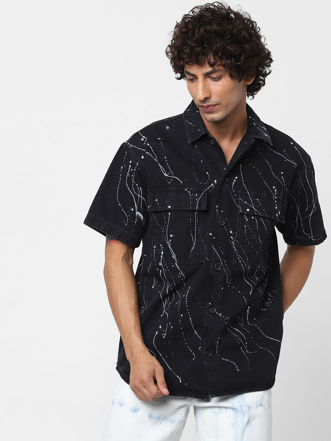 Black Tie Dye Printed Denim Shirt