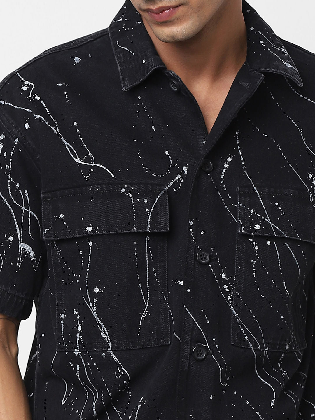 Black Tie Dye Printed Denim Shirt