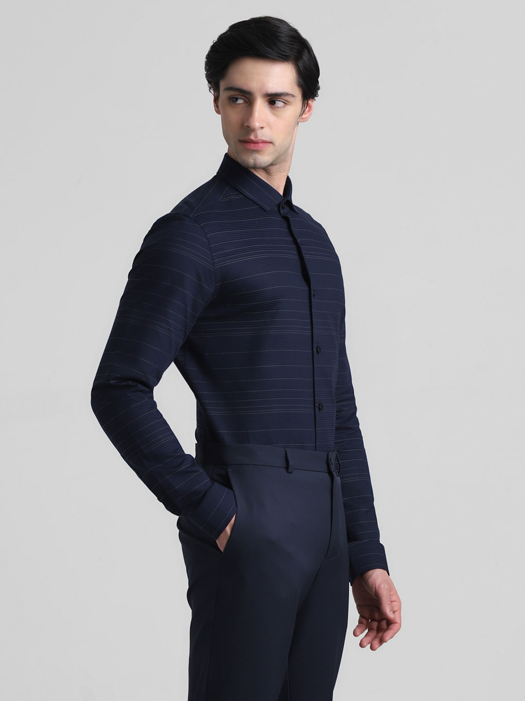 Navy Blue Striped Full Sleeves Shirt