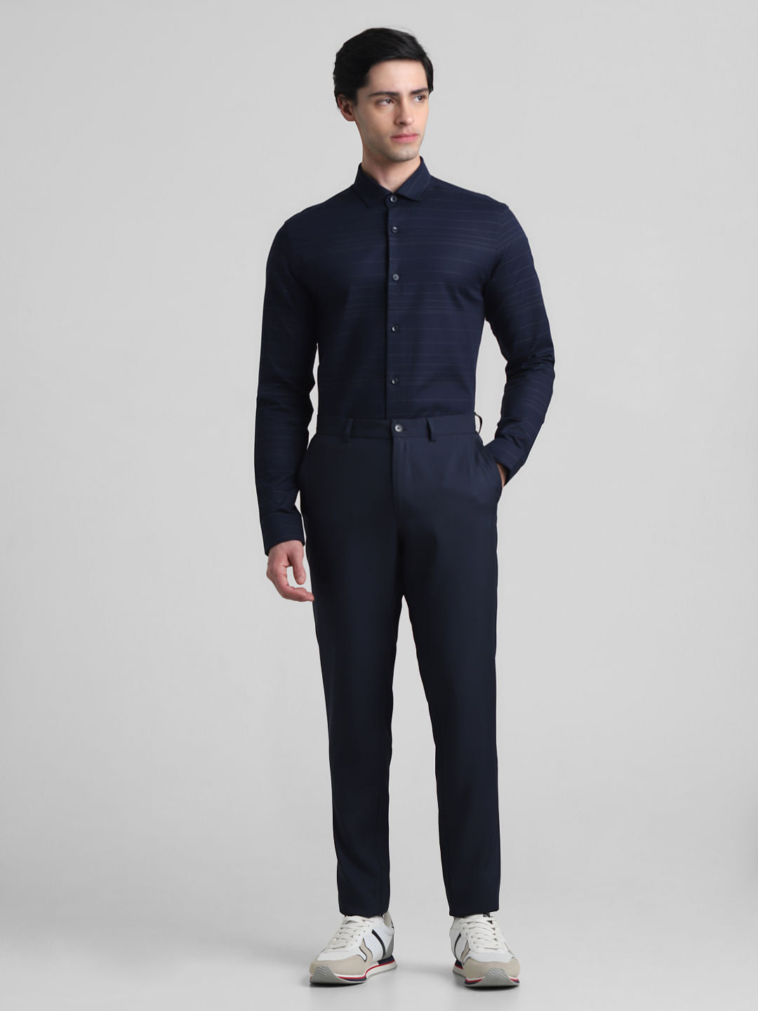 Navy Blue Striped Full Sleeves Shirt