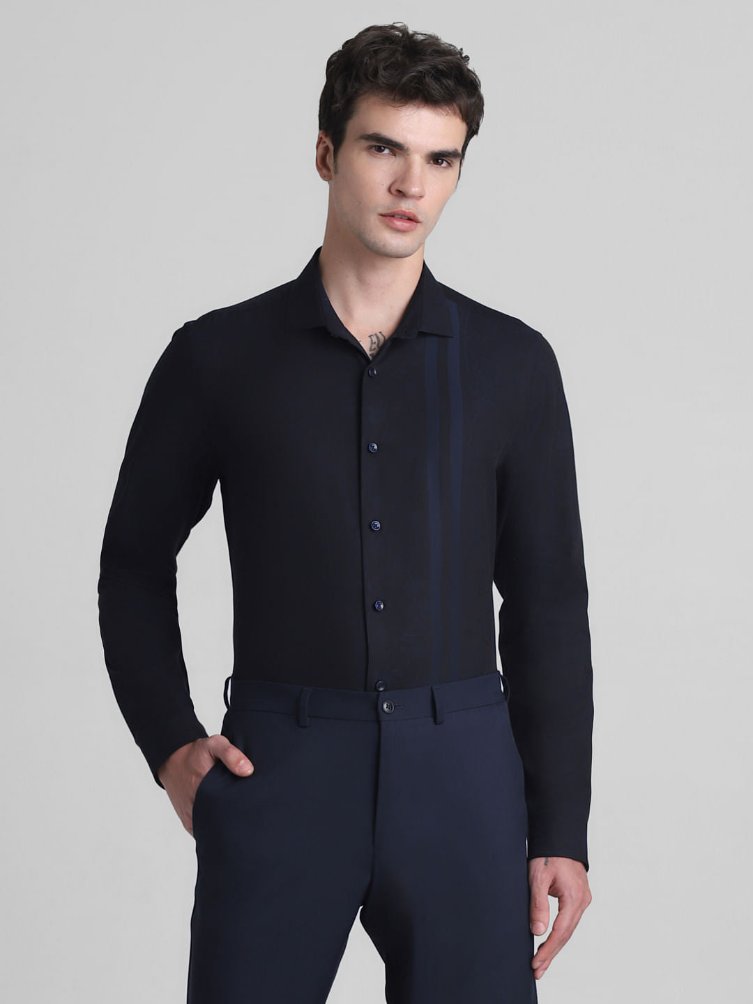 Navy Blue Dobby Full Sleeves Shirt