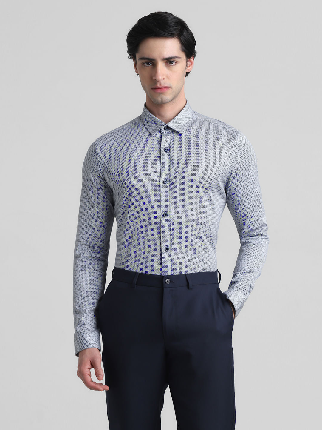 Navy Blue Printed Full Sleeves Shirt