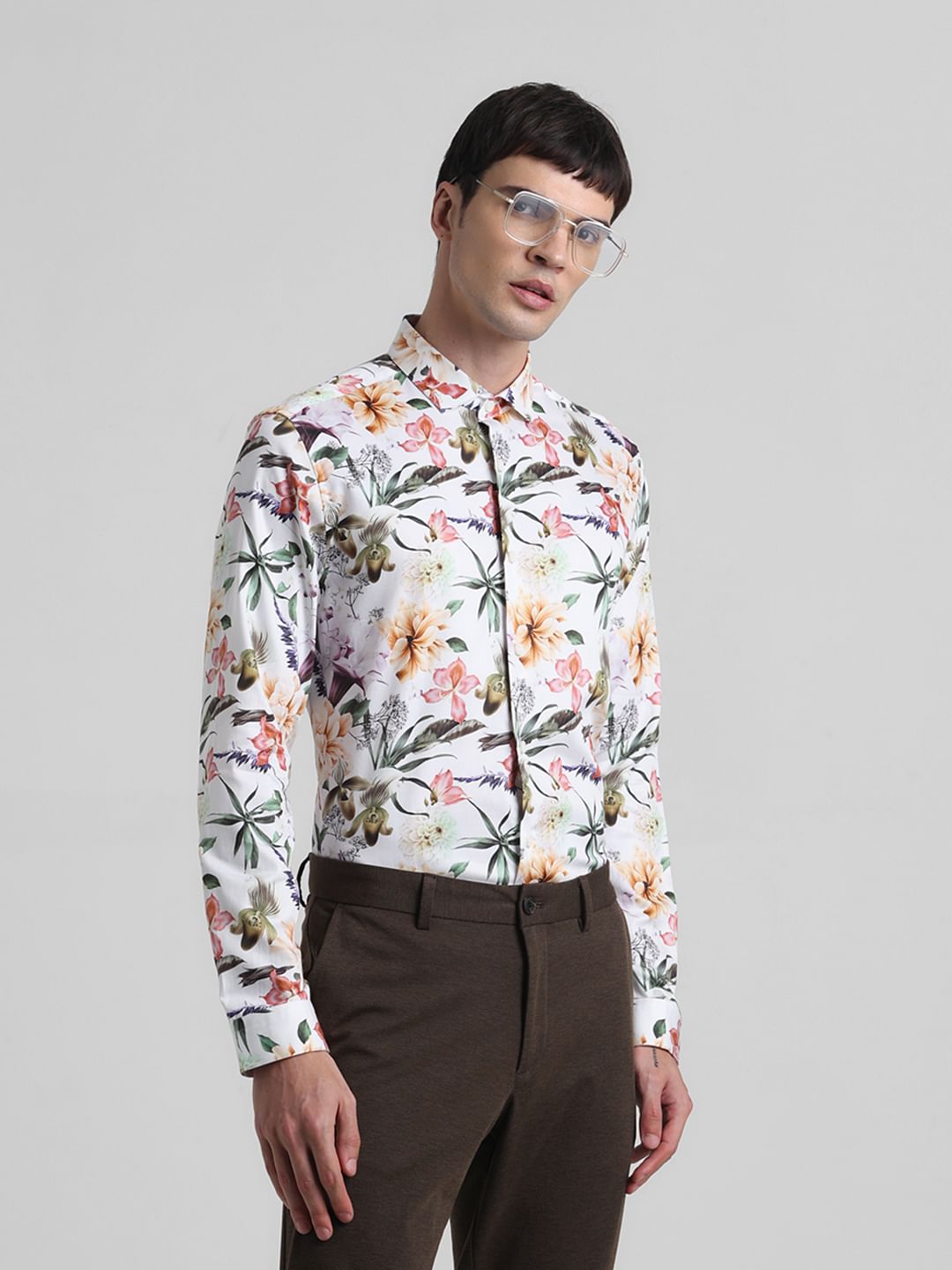 White Floral Print Full Sleeves Shirt