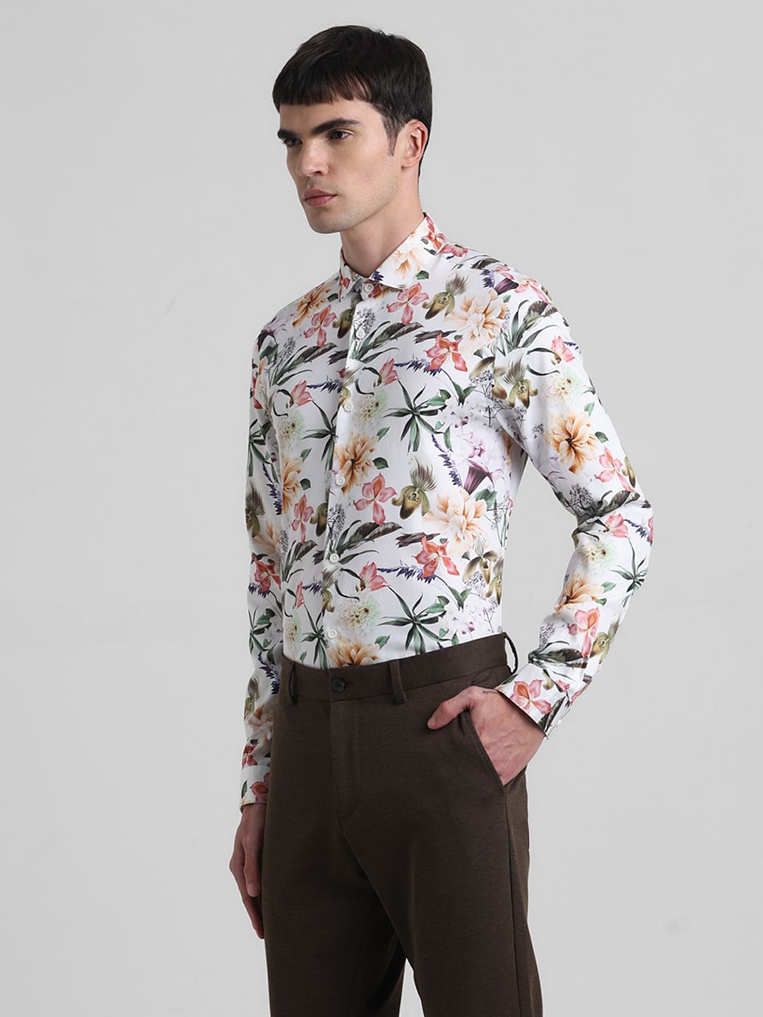 White Floral Print Full Sleeves Shirt