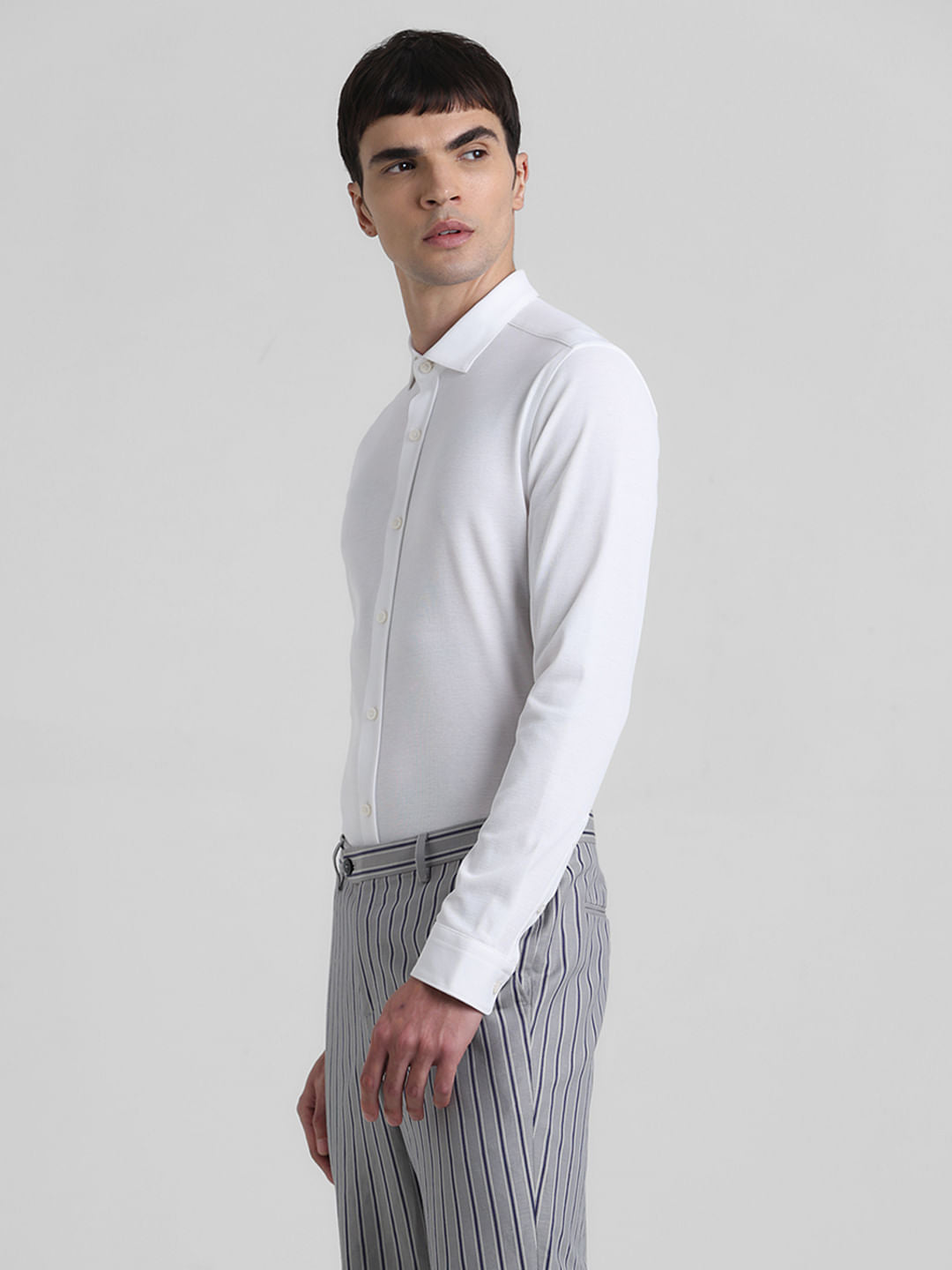 White Knitted Full Sleeves Shirt