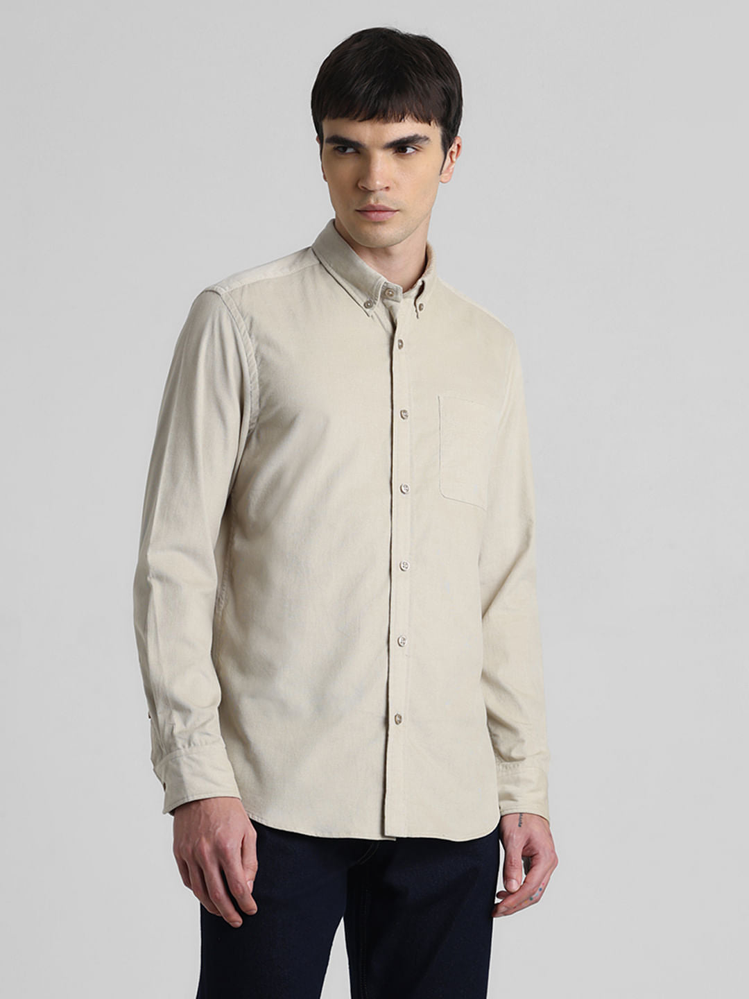 Beige Corduroy Full Sleeves Shirt