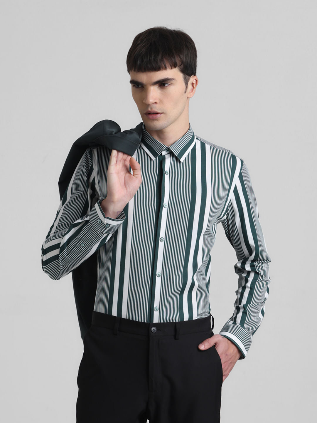 Green Striped Full Sleeves Shirt