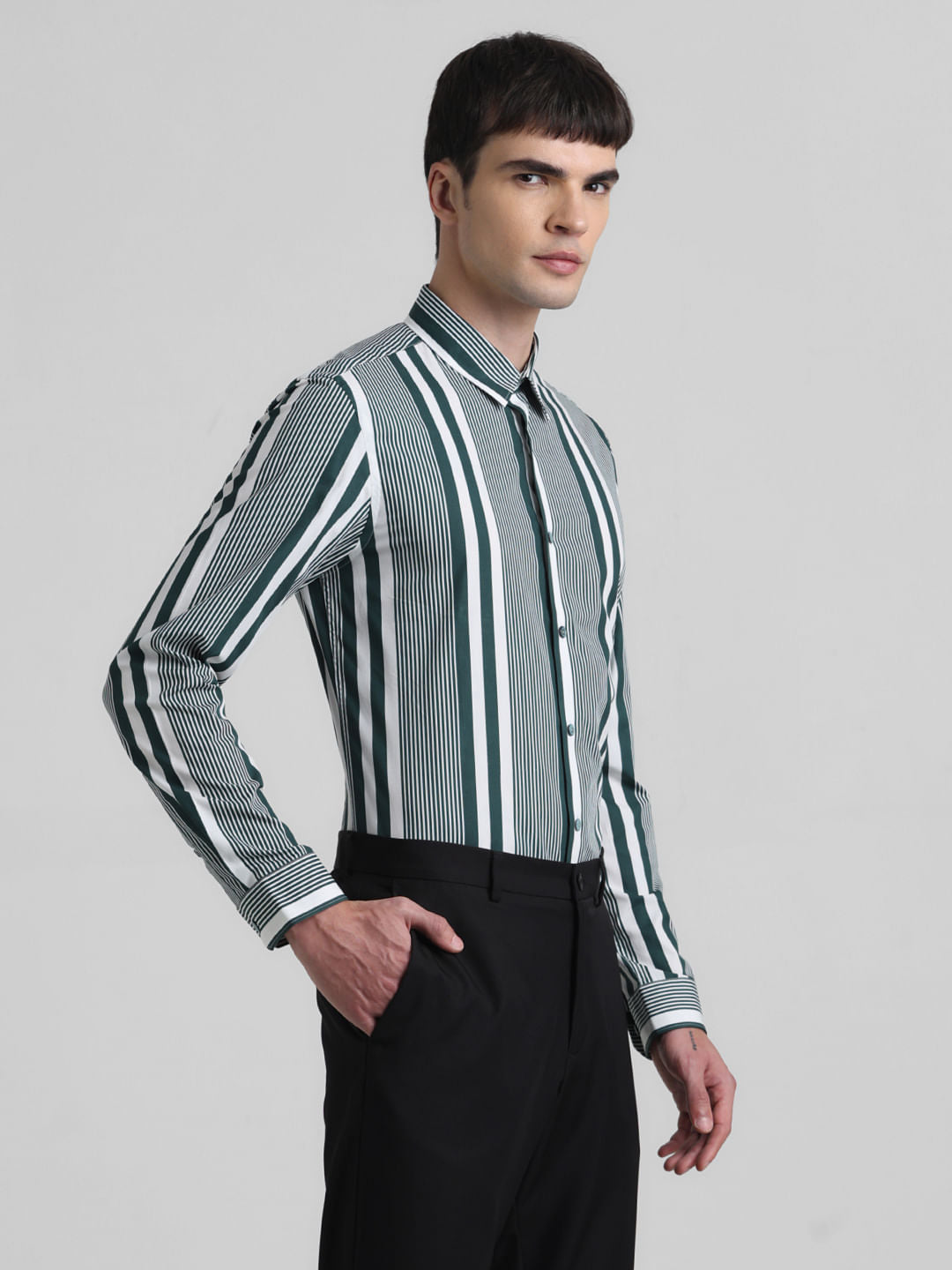 Green Striped Full Sleeves Shirt