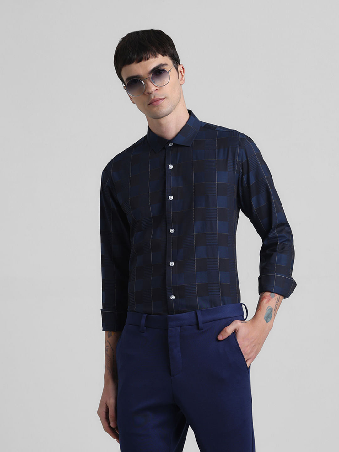 Blue Dobby Check Full Sleeves Shirt