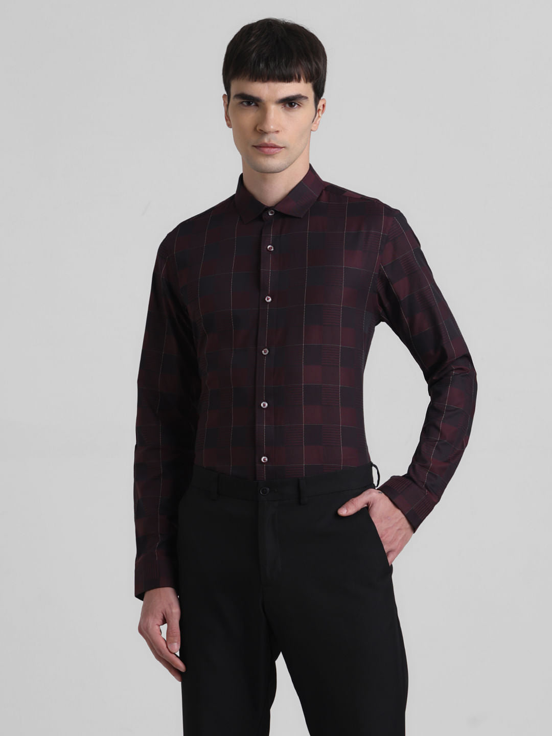 Maroon Dobby Check Full Sleeves Shirt